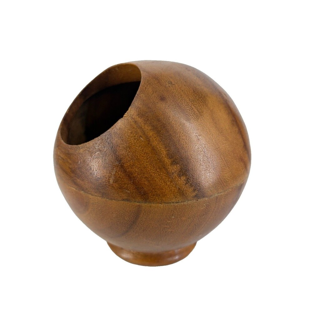 Vintage MCM Wood Wooden Pencil Holder Round Orb Turned Sphere Vase Bowl Segment